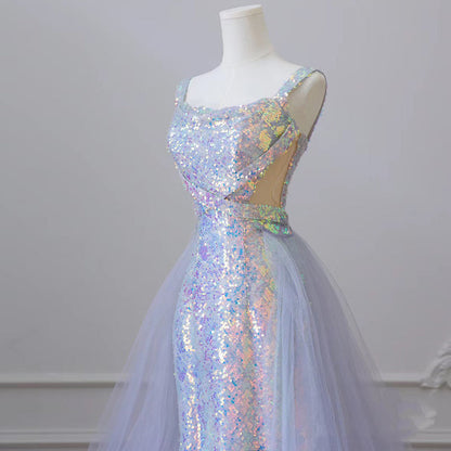 Elegante vestido de fiesta largo de sirena con tul espagueti y lentejuelas, vestido formal largo azul ED01213