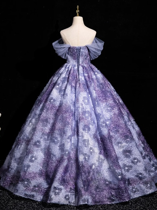 Vestido de fiesta largo morado elegante, corte A, hombros descubiertos, vestido formal largo morado ED01214