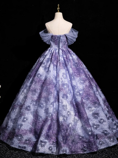 Vestido de fiesta largo morado elegante, corte A, hombros descubiertos, vestido formal largo morado ED01214