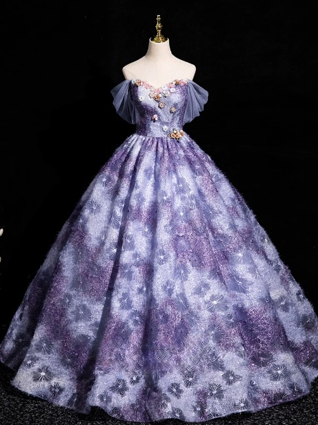 Vestido de fiesta largo morado elegante, corte A, hombros descubiertos, vestido formal largo morado ED01214