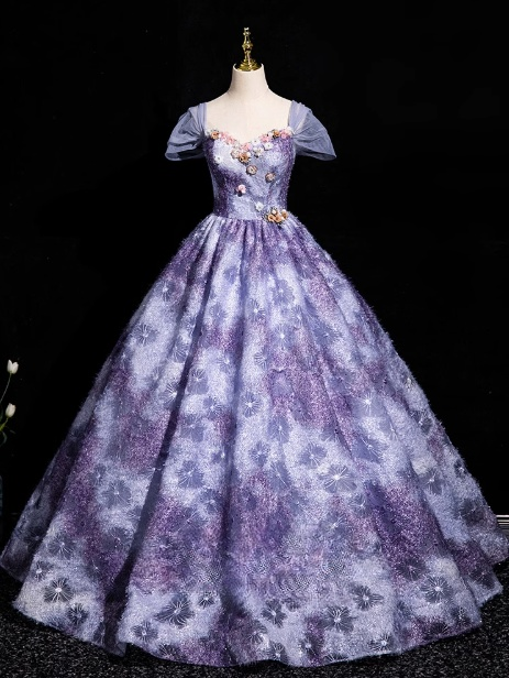 Vestido de fiesta largo morado elegante, corte A, hombros descubiertos, vestido formal largo morado ED01214