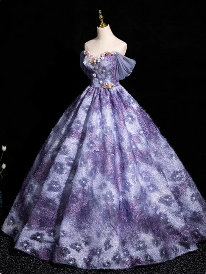 Vestido de fiesta largo morado elegante, corte A, hombros descubiertos, vestido formal largo morado ED01214