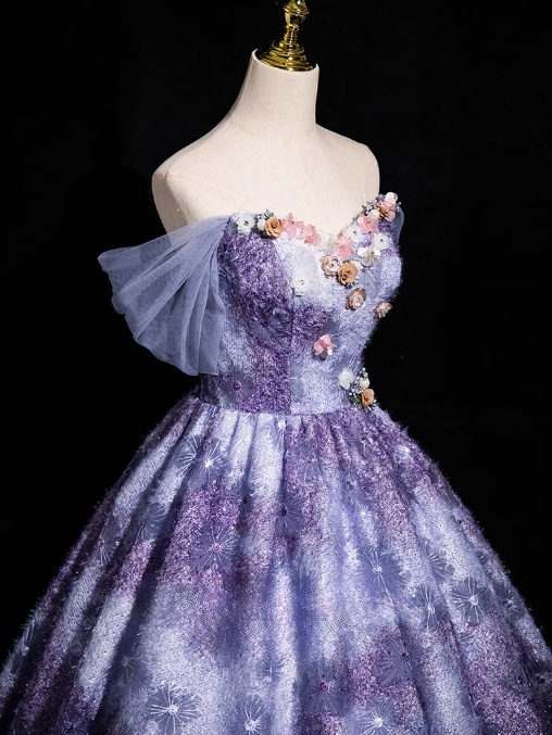Vestido de fiesta largo morado elegante, corte A, hombros descubiertos, vestido formal largo morado ED01214