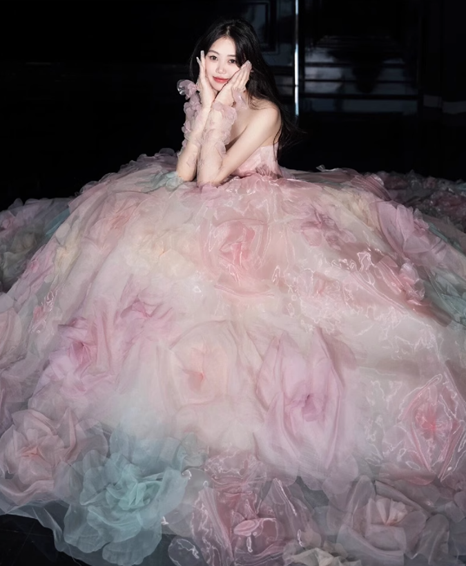 Vestido de fiesta largo de tul rosa sin tirantes, corte A, vestido formal dulce rosa ED01216