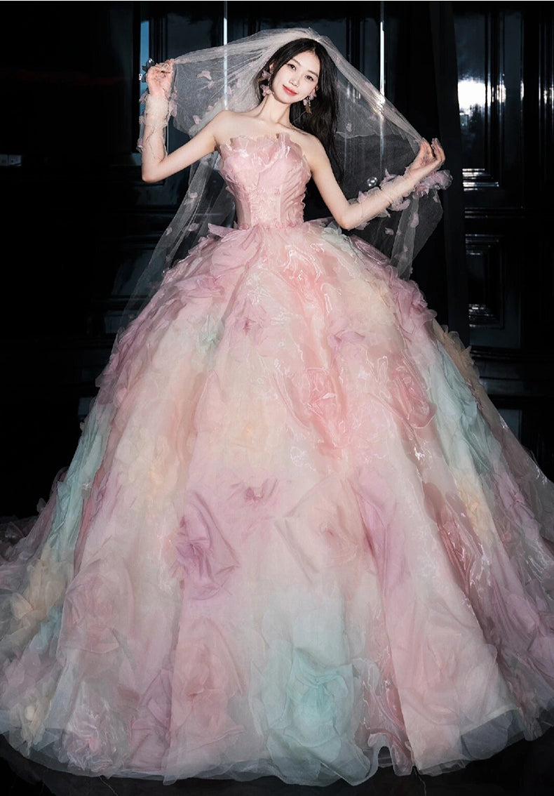 Vestido de fiesta largo de tul rosa sin tirantes, corte A, vestido formal dulce rosa ED01216