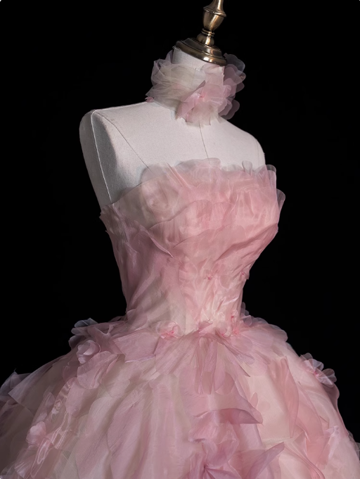 Vestido de fiesta largo de tul rosa sin tirantes, corte A, vestido formal dulce rosa ED01216
