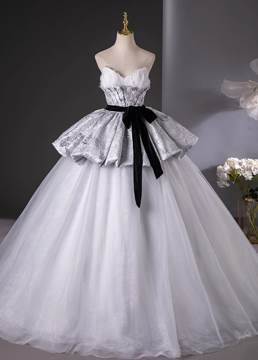 Vestido de fiesta largo de satén y tul con escote corazón, corte en A, color gris plateado, vestido formal en gris plateado ED01217