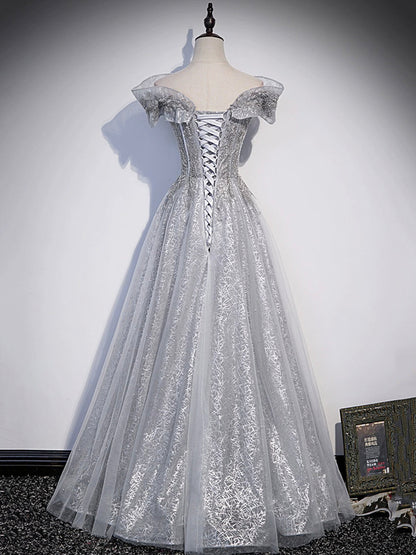 Vestido de fiesta largo gris de tul con lentejuelas y hombros descubiertos, corte A, vestido de noche formal ED01219