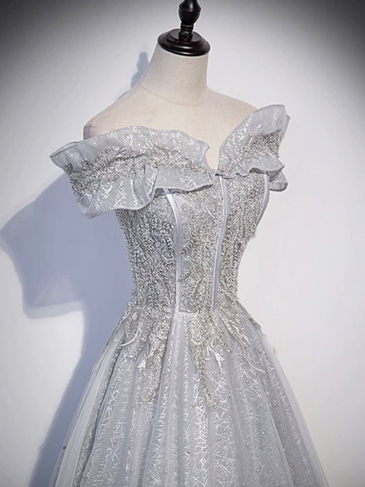 Vestido de fiesta largo gris de tul con lentejuelas y hombros descubiertos, corte A, vestido de noche formal ED01219