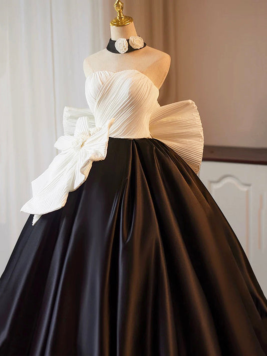 Vestido de fiesta largo de satén blanco y negro, corte A, sin tirantes, para noche formal, ED01220