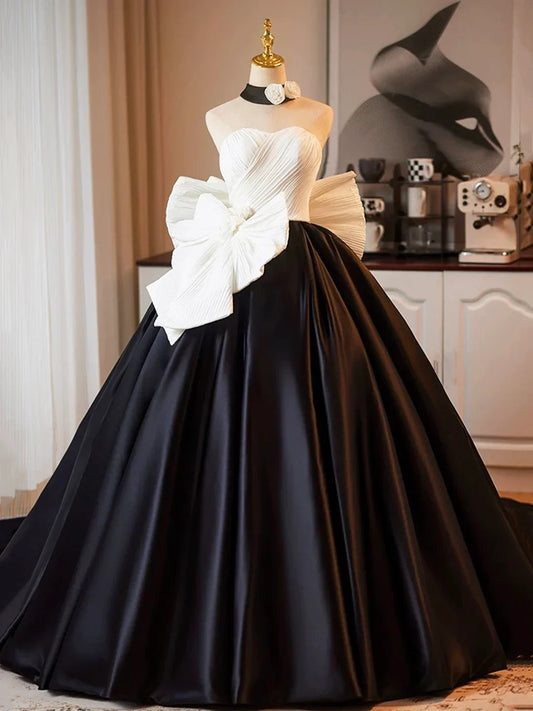 Vestido de fiesta largo de satén blanco y negro, corte A, sin tirantes, para noche formal, ED01220