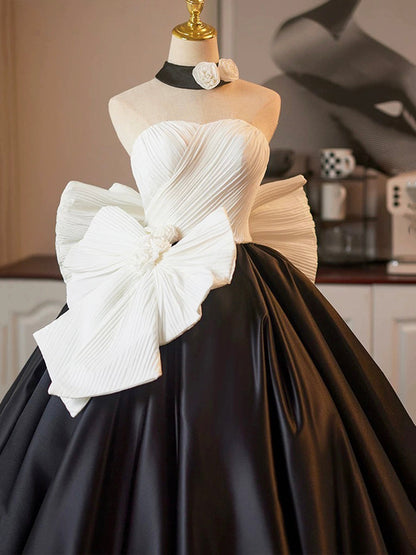 Vestido de fiesta largo de satén blanco y negro, corte A, sin tirantes, para noche formal, ED01220