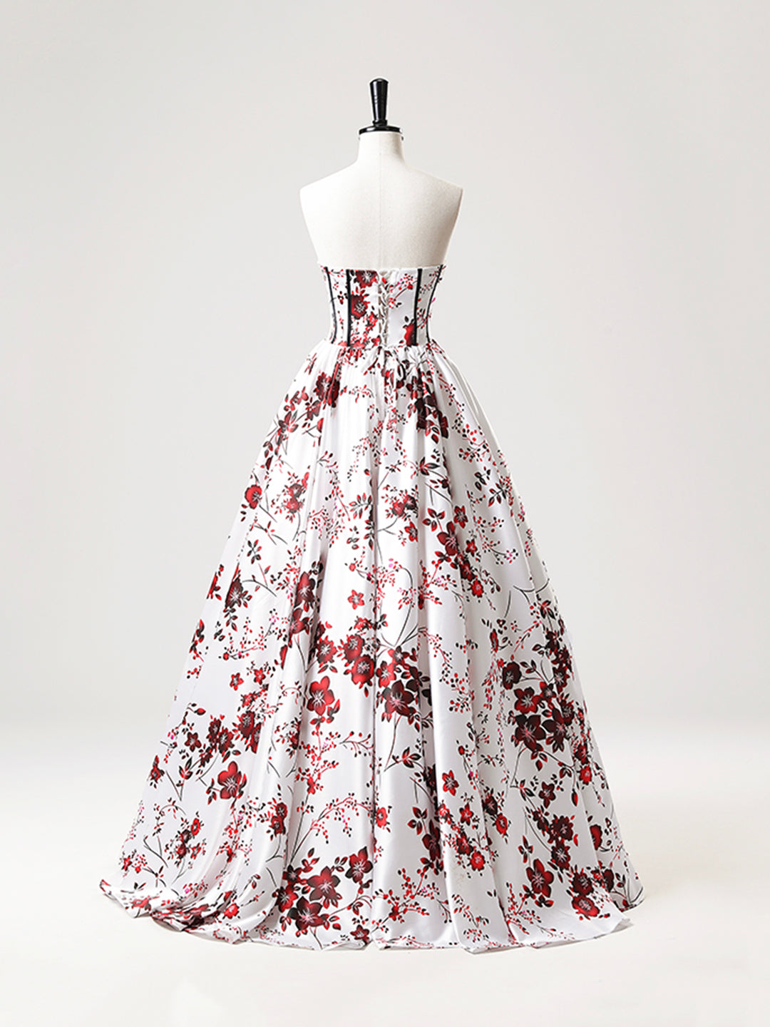 Vestido de fiesta largo de satén blanco floral sin tirantes, corte A, escote corazón, ED01221