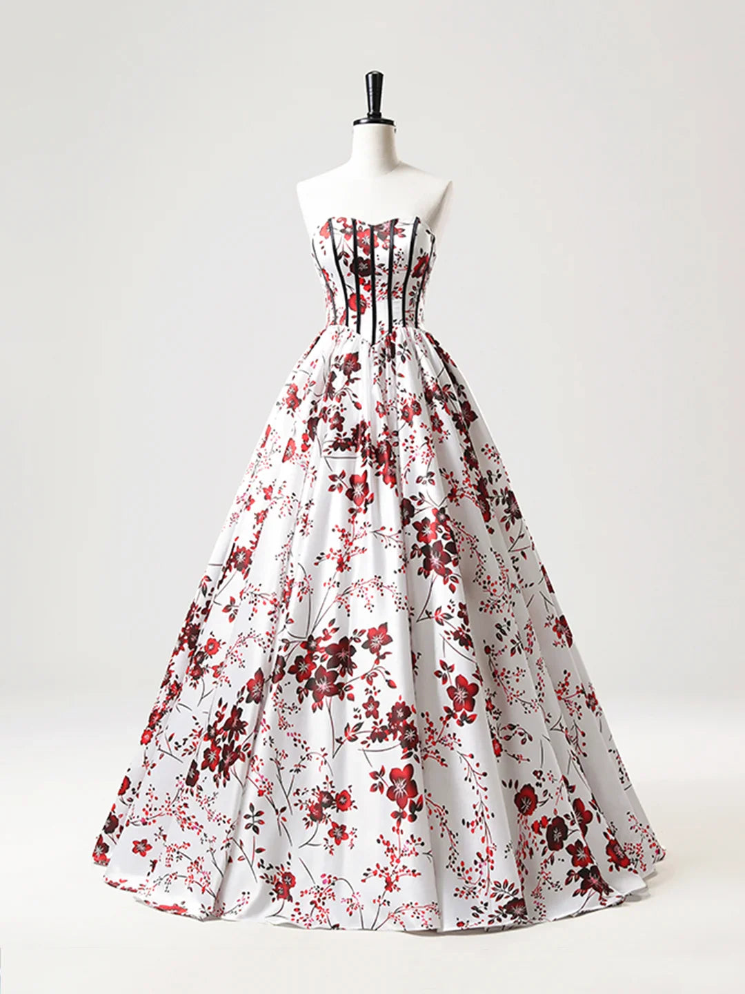 Vestido de fiesta largo de satén blanco floral sin tirantes, corte A, escote corazón, ED01221