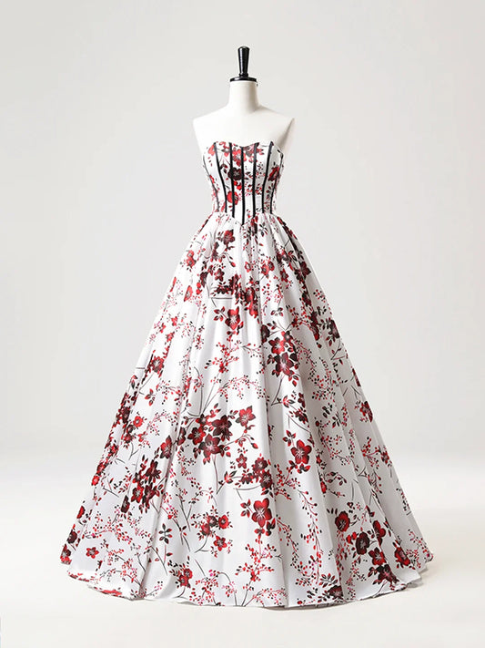 Vestido de fiesta largo de satén blanco floral sin tirantes, corte A, escote corazón, ED01221