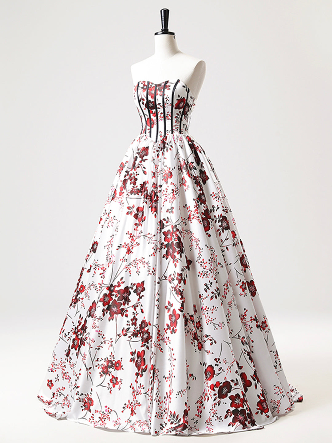 Vestido de fiesta largo de satén blanco floral sin tirantes, corte A, escote corazón, ED01221