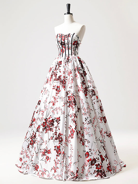Vestido de fiesta largo de satén blanco floral sin tirantes, corte A, escote corazón, ED01221