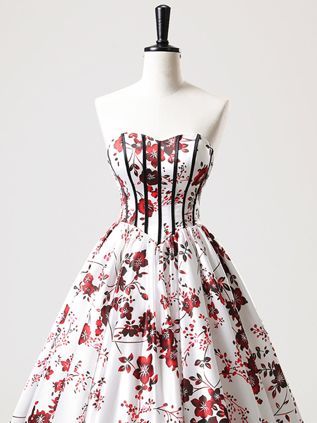 Vestido de fiesta largo de satén blanco floral sin tirantes, corte A, escote corazón, ED01221