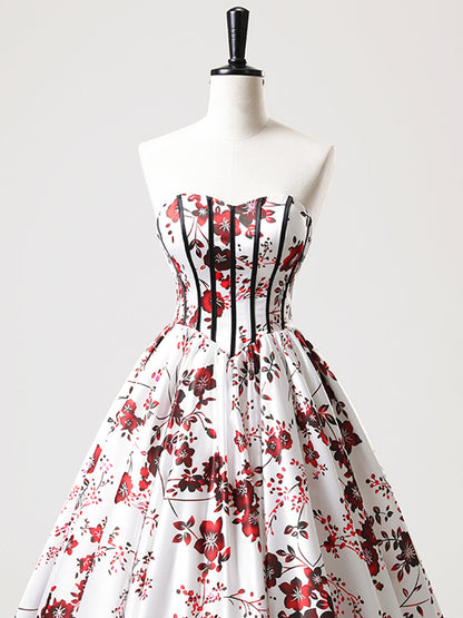 Vestido de fiesta largo de satén blanco floral sin tirantes, corte A, escote corazón, ED01221