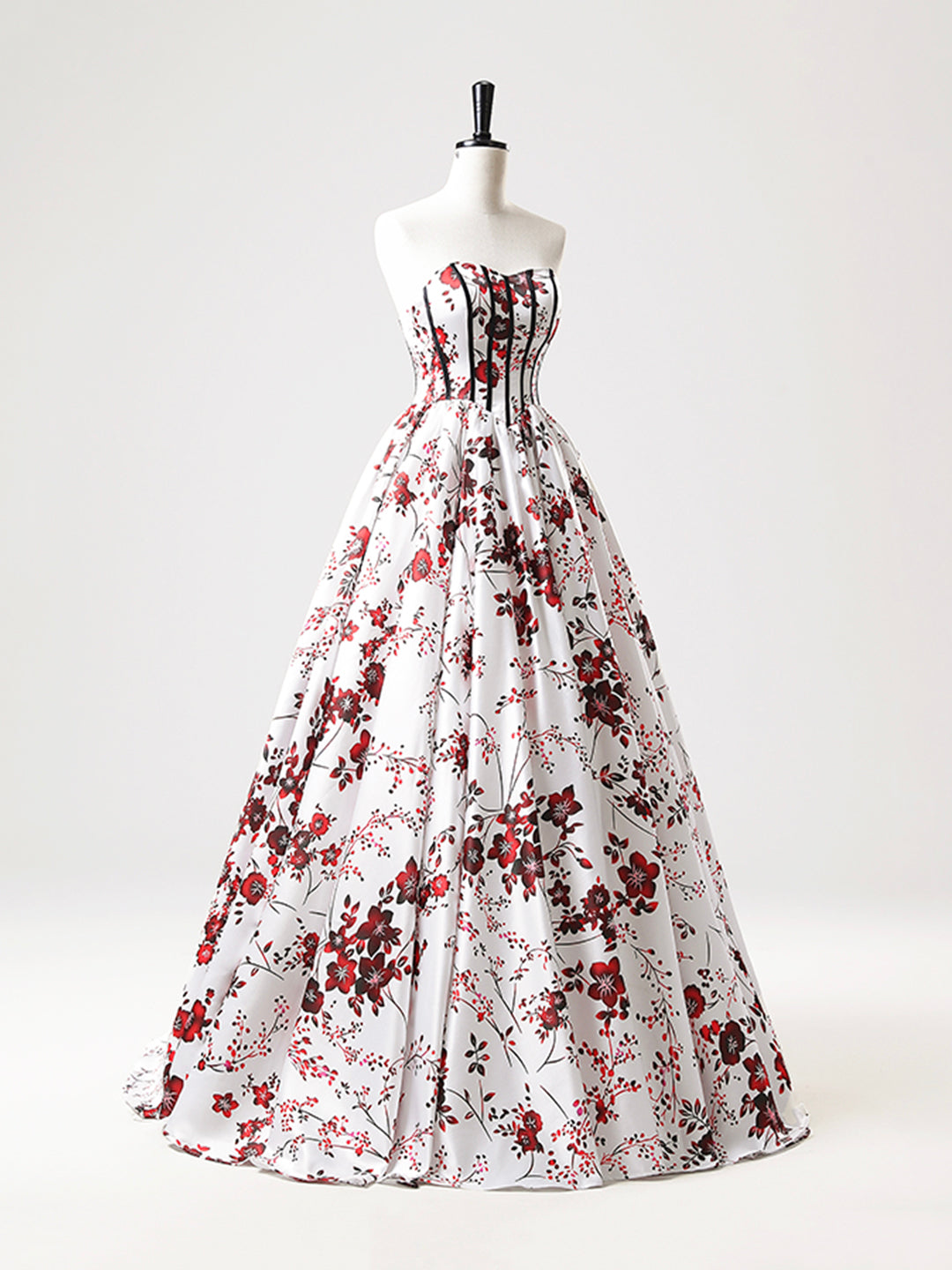 Vestido de fiesta largo de satén blanco floral sin tirantes, corte A, escote corazón, ED01221