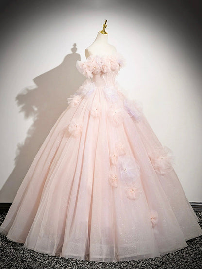 Vestido de fiesta largo de tul rosa con hombros descubiertos y corte en A, precioso vestido de noche para quinceañeras ED01222