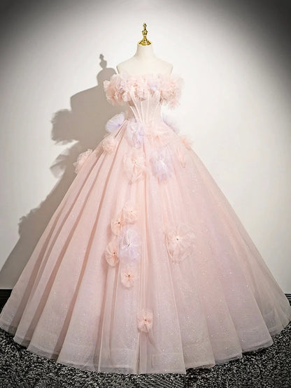 Vestido de fiesta largo de tul rosa con hombros descubiertos y corte en A, precioso vestido de noche para quinceañeras ED01222