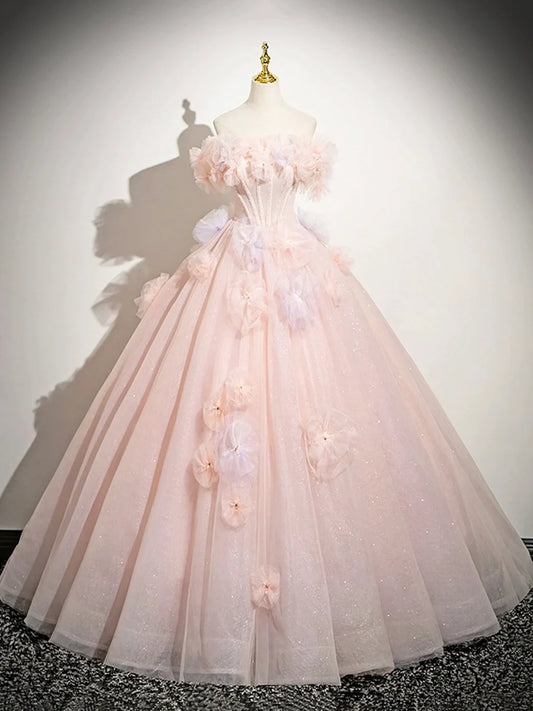 Vestido de fiesta largo de tul rosa con hombros descubiertos y corte en A, precioso vestido de noche para quinceañeras ED01222