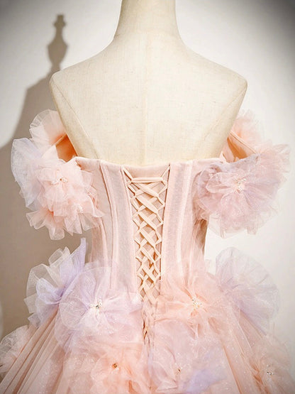 Vestido de fiesta largo de tul rosa con hombros descubiertos y corte en A, precioso vestido de noche para quinceañeras ED01222