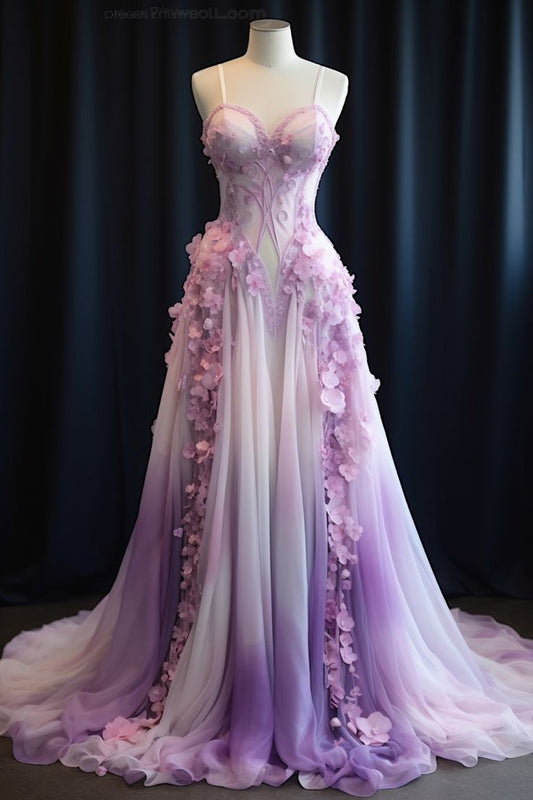 Vestido de fiesta largo de gasa con tirantes finos, corte A, color morado degradado, estilo vintage, ED01223