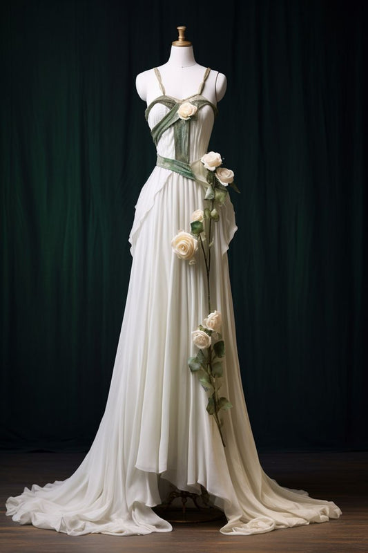 Vestido largo de gasa blanco con tirantes finos, corte en A, estilo vintage, ED01225