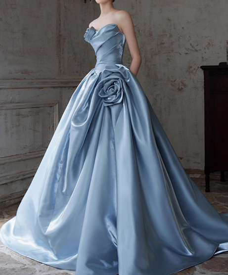 Vestido largo de satén azul, corte A, sin tirantes, vestido formal azul ED01226