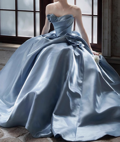Vestido largo de satén azul, corte A, sin tirantes, vestido formal azul ED01226