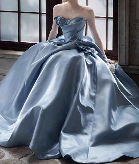 Vestido largo de satén azul, corte A, sin tirantes, vestido formal azul ED01226