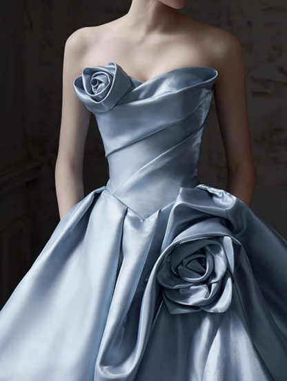 Vestido largo de satén azul, corte A, sin tirantes, vestido formal azul ED01226