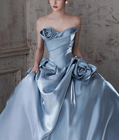 Vestido largo de satén azul, corte A, sin tirantes, vestido formal azul ED01226