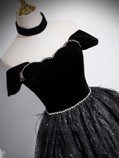 Vestido de fiesta largo negro de terciopelo, tul y lentejuelas, corte en A, hombros descubiertos, vestido formal negro ED01227