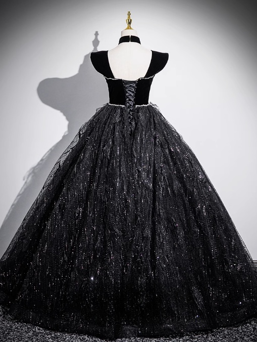 Vestido de fiesta largo negro de terciopelo, tul y lentejuelas, corte en A, hombros descubiertos, vestido formal negro ED01227