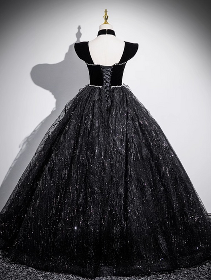 Vestido de fiesta largo negro de terciopelo, tul y lentejuelas, corte en A, hombros descubiertos, vestido formal negro ED01227