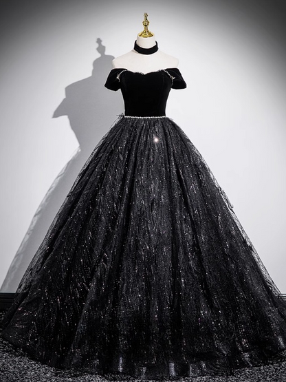 Vestido de fiesta largo negro de terciopelo, tul y lentejuelas, corte en A, hombros descubiertos, vestido formal negro ED01227
