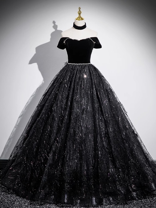Vestido de fiesta largo negro de terciopelo, tul y lentejuelas, corte en A, hombros descubiertos, vestido formal negro ED01227