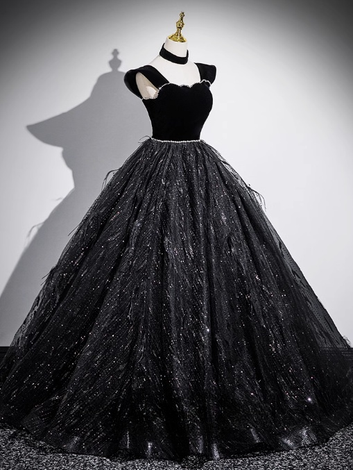 Vestido de fiesta largo negro de terciopelo, tul y lentejuelas, corte en A, hombros descubiertos, vestido formal negro ED01227