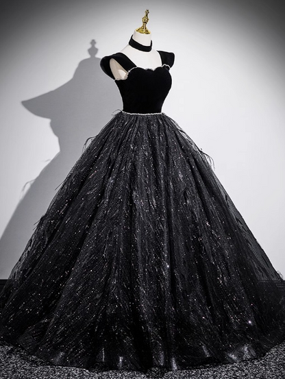 Vestido de fiesta largo negro de terciopelo, tul y lentejuelas, corte en A, hombros descubiertos, vestido formal negro ED01227