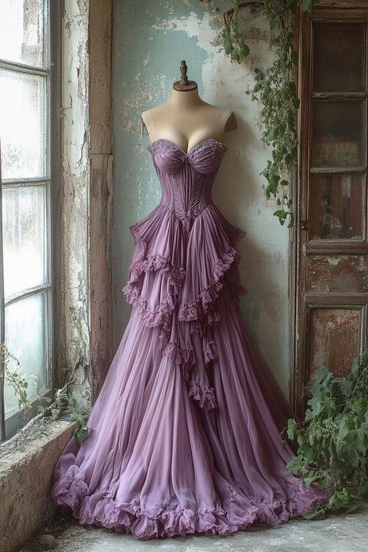 Vestido de fiesta largo morado de tul con escote en forma de A y cuentas, estilo vintage, ED01230