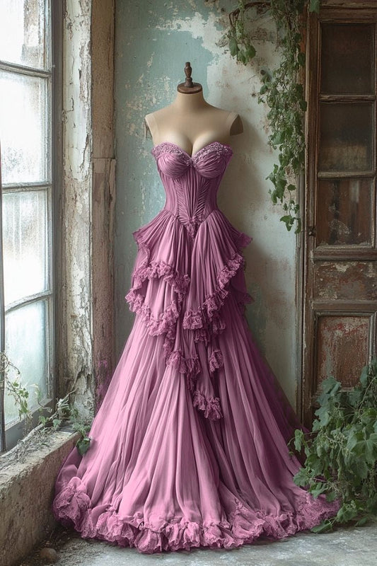 Vestido de fiesta largo morado de tul con escote en forma de A y cuentas, estilo vintage, ED01230
