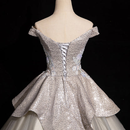 Vestido de fiesta largo de tul con lentejuelas, corte A, hombros descubiertos, color gris claro, elegante vestido formal ED01231