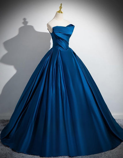 Vestido de fiesta largo de satén azul, corte A, sin tirantes, vestido formal azul ED01233