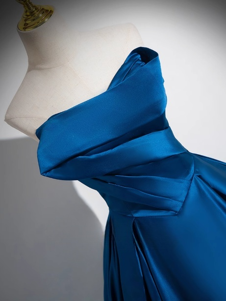 Vestido de fiesta largo de satén azul, corte A, sin tirantes, vestido formal azul ED01233