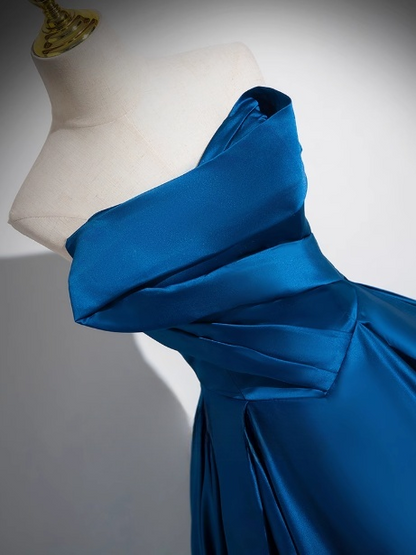 Vestido de fiesta largo de satén azul, corte A, sin tirantes, vestido formal azul ED01233