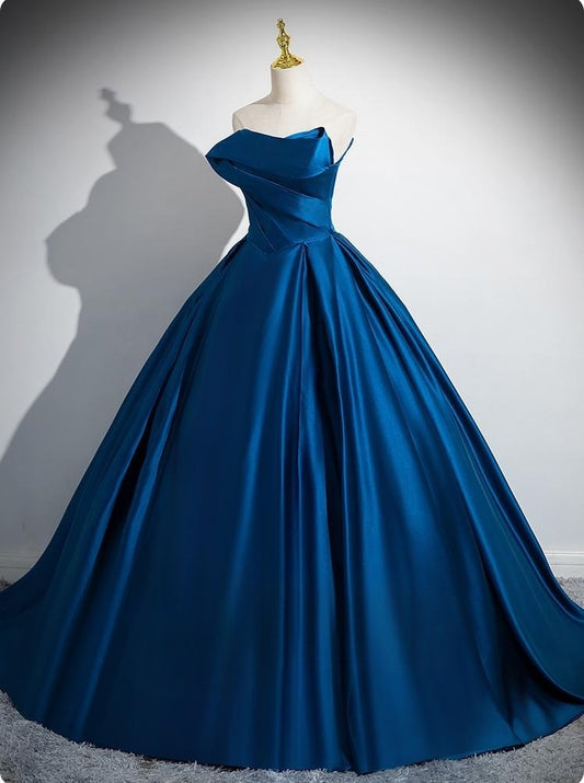 Vestido de fiesta largo de satén azul, corte A, sin tirantes, vestido formal azul ED01233