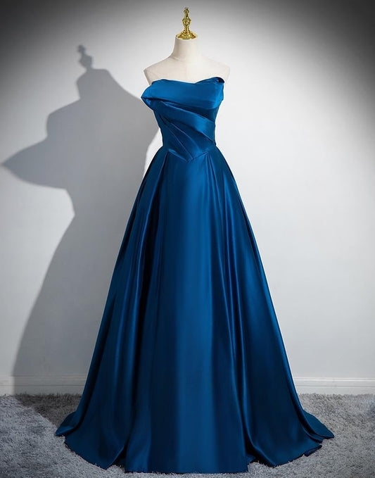 Vestido de fiesta largo de satén azul, corte A, sin tirantes, vestido formal azul ED01233